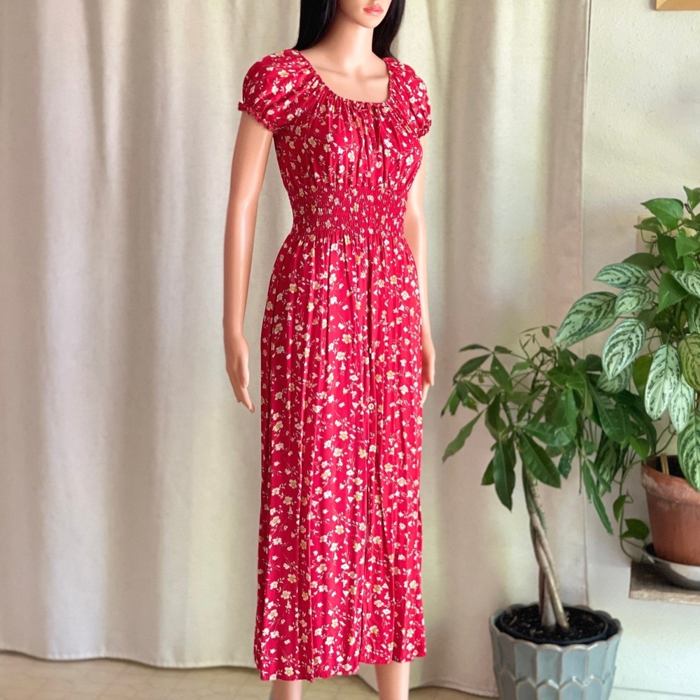 Kindred Anthropologie Red Floral Smocked Midi Dress Short Sleeve Cottagecore S